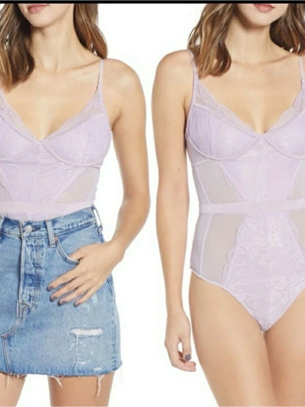 AFRM Lavender Lace Mesh Bodysuit Cami